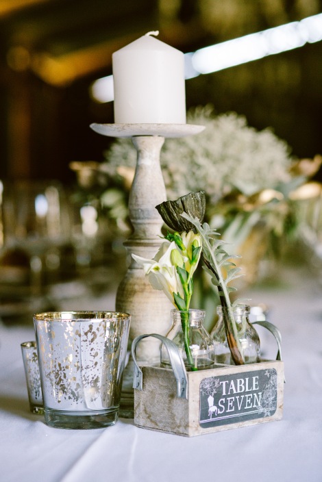 Candlestick, mercury votive and petit fleur planter used for a table number